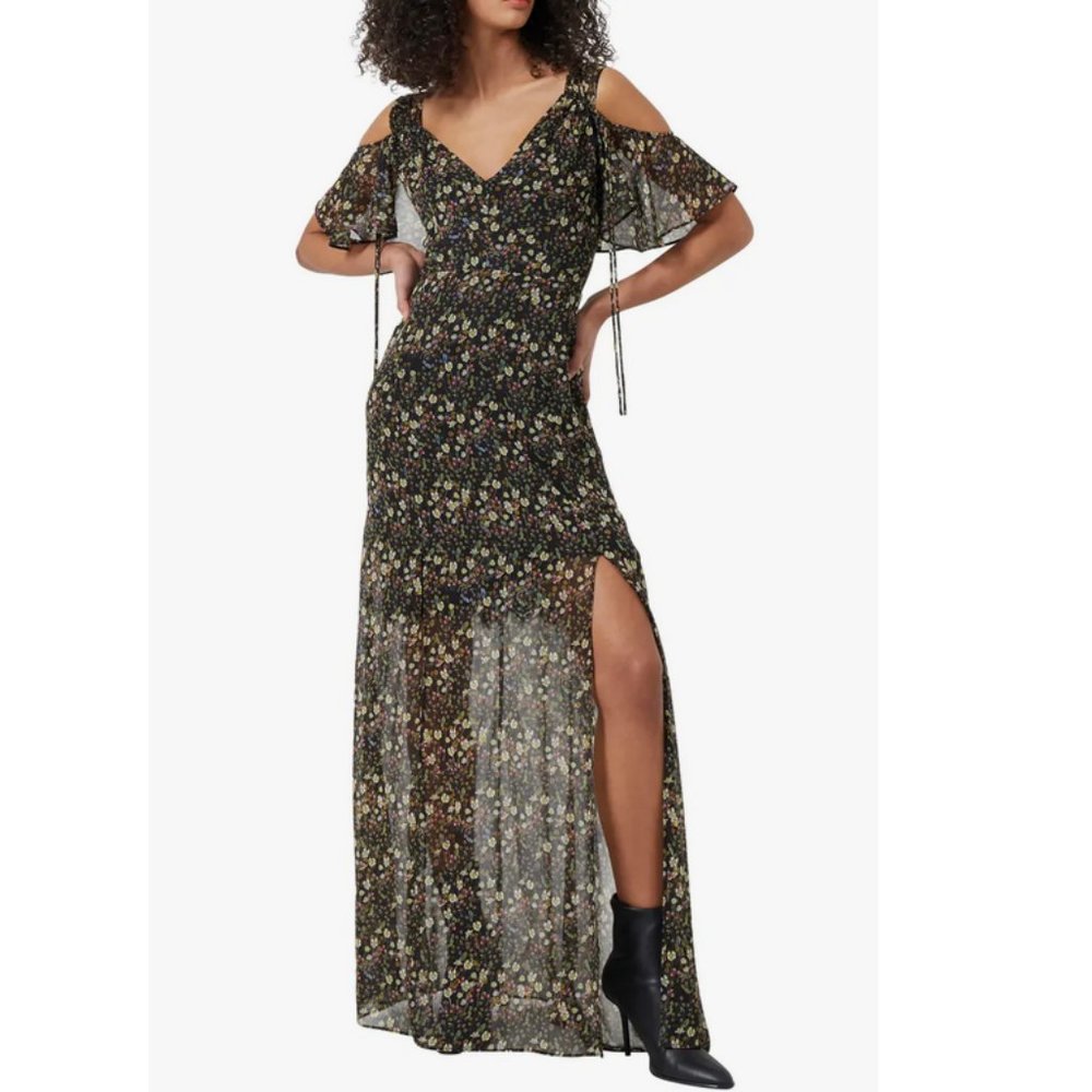 French Connection Hallie Floral Cold Shoulder Crinkle chiffon Maxi Dress sz 6 S